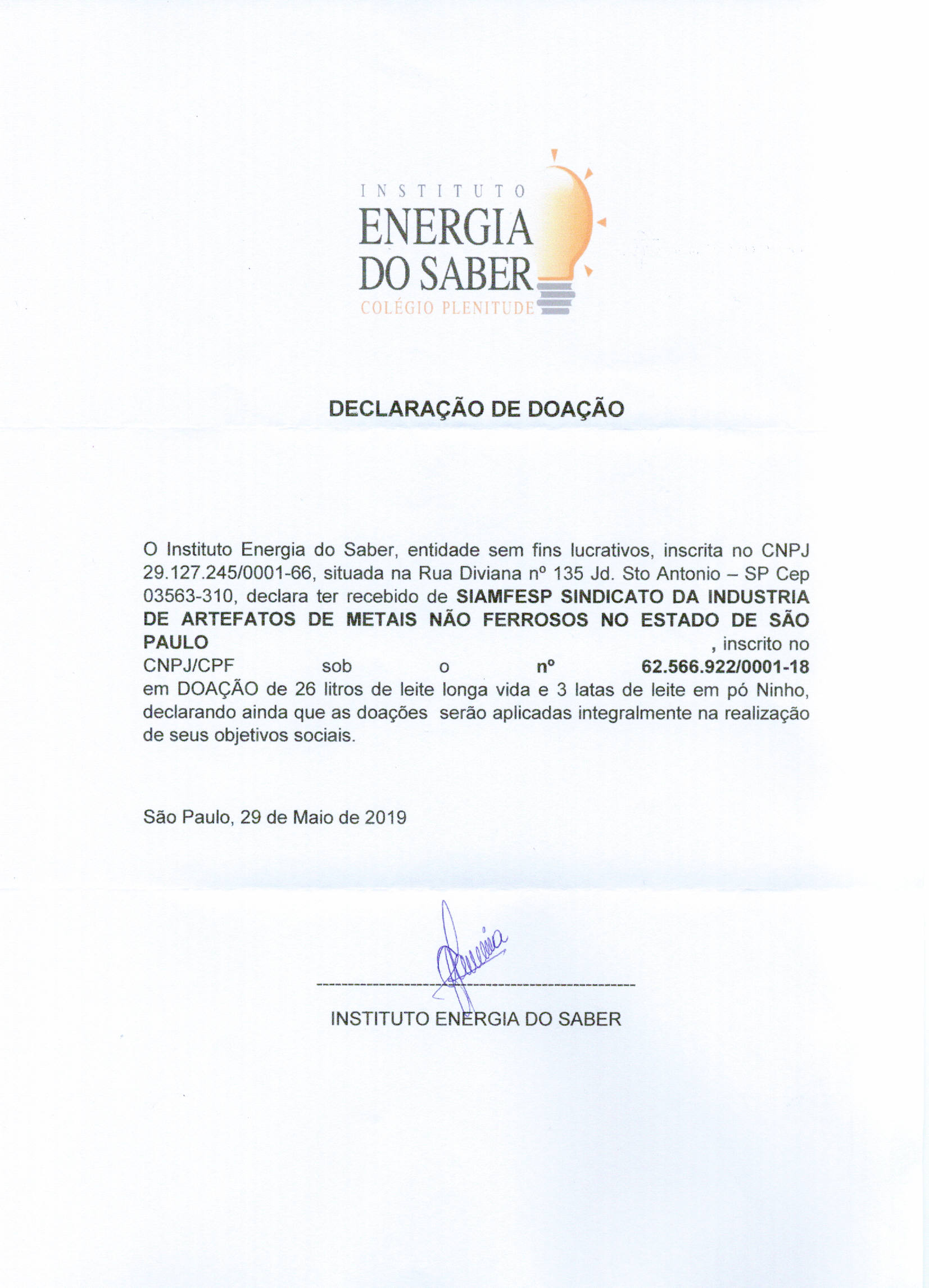 Carta Doação Instituto Energia do Saber